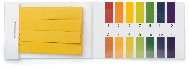 A photo of universal indicator paper with a pH colour chart.