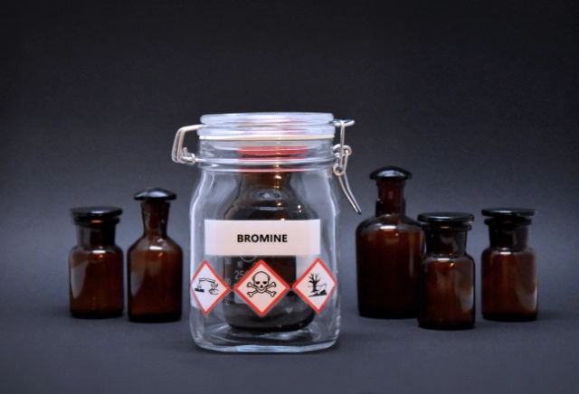 Photo to show bottles containing liquid bromine, with warning signs for corrosive, toxic and harmful to the environment.