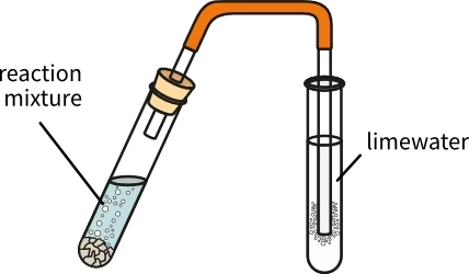 Labelled diagram to show a boiling tube containing a bubbling reaction mixture. A delivery tube runs from the boiling tube to a test tube containing limewater.
